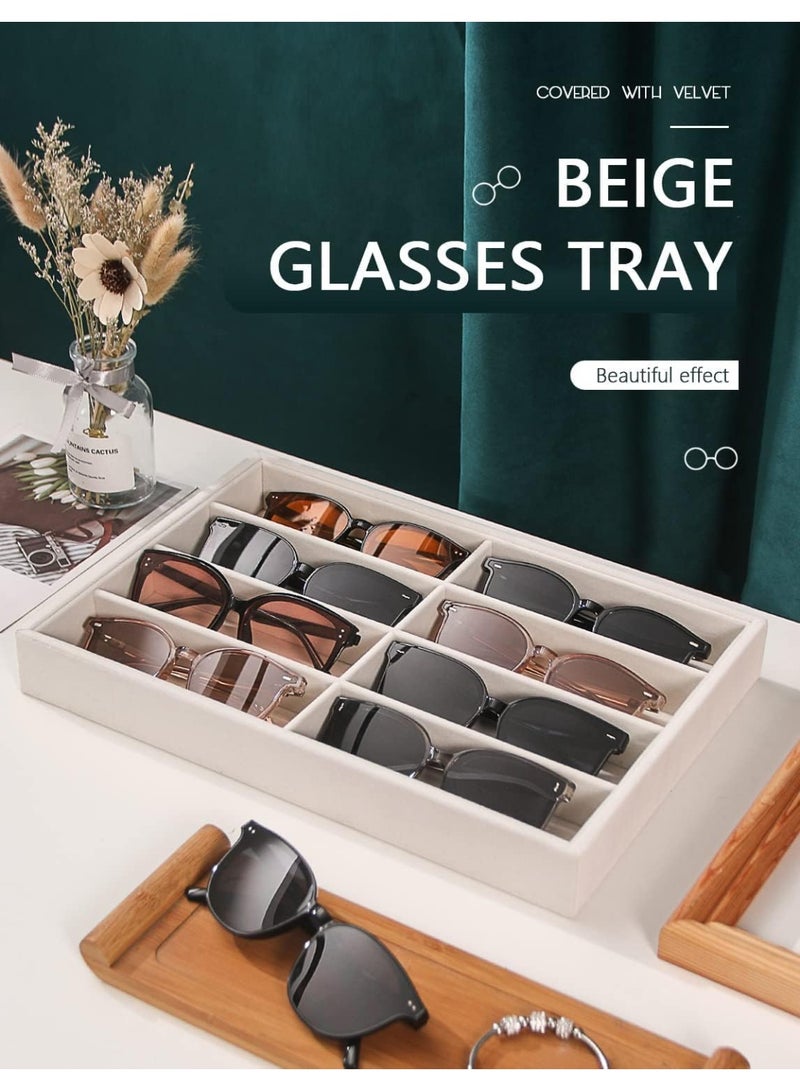 Velvet Glasses Tray, Beige Eyeglasses Watches Jewelry Display Tray Box for Men Women (8 Grids) - Image 4